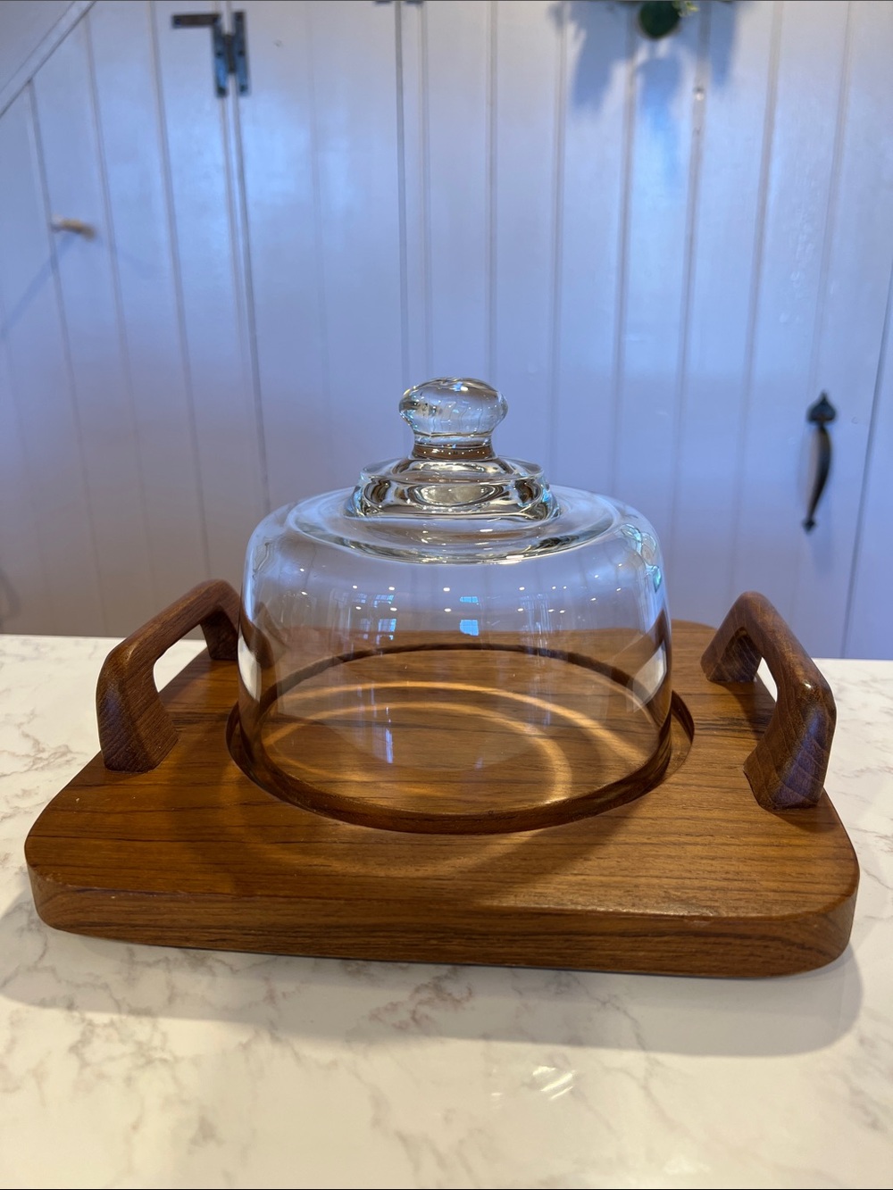 Vintage Teakwood Serving Board with Clear Glass Dome, Domed Cheeseboard, dolphin